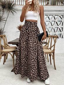 SHEIN PETITE Falda larga de cintura ceñida y estampado de leopardo en corte evasé para mujeres, para otoño/primavera