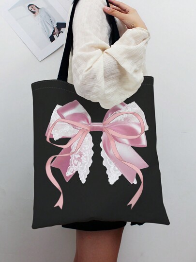 Kawaii Cute Pink Bow Pattern Double-Sided Print Canvas Shoulder Tote Bag