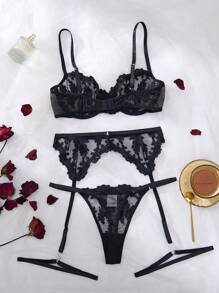 SHEIN 5pcs/Set Women's Embroidery Mesh Sexy Lingerie Set For Going Out