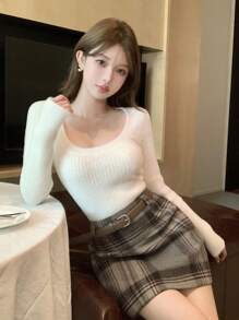 DAZY 格子迷你裙，女士休闲简约时尚日常穿着