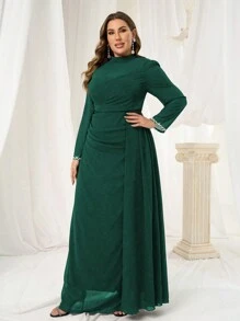 SHEIN Belle 大码优质亮片珍珠袖口正式晚礼服，派对奢华晚礼服舞会礼服，带亮片和珍珠袖口，婚礼宾客礼服 - 墨綠色 - 查看 5