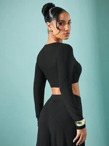 Hauture Gold Metal Trim Detail Long Sleeve Crop Top, Crop Tops - Black - View 4