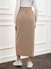 SHEIN Maternity Casual Solid Color High Waist Skirt - Beige - View 2