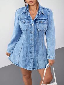 SHEIN EZwear Plus Size Front Button Long Sleeve Pocket Simple Short Denim Dress - Blue - View 3