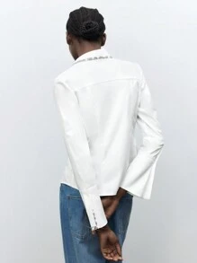 Maija Blusa elegante con aberturas en las mangas, cintura a la cintura, decoración de cristal, estilo urbano de campana, adecuada para uso casual, retro, de viaje, salidas, vacaciones, ceremonias, fiestas de Navidad y San Valentín. - Blanco - Ver 3