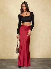 Forever 21 Vêtements d'hiver pour femmes Nouvelle jupe longue de soirée de Noël à taille basse avec cordon de serrage, jupe sirène en satin, jupe sexy bordeaux pour le Nouvel An pour femmes - Rouge foncé - Voir 5