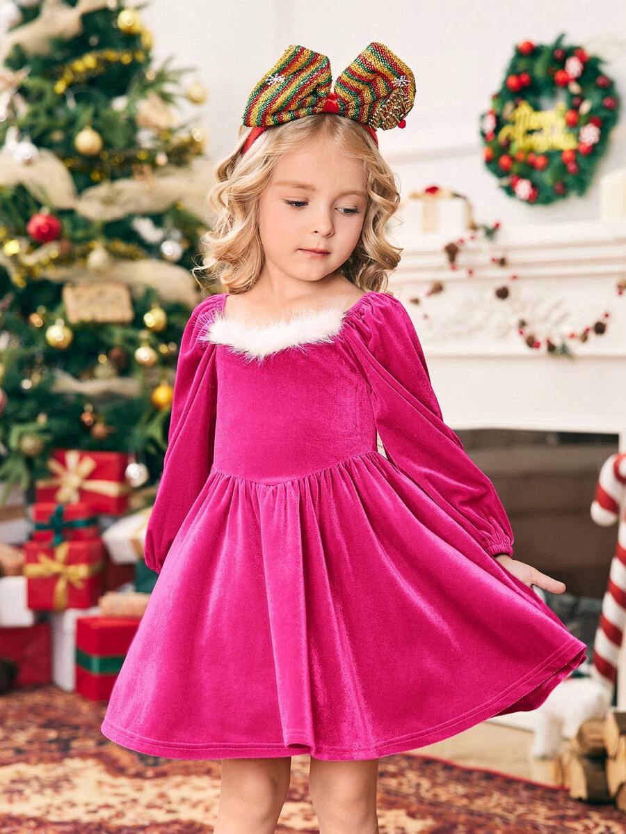 SHEIN Young Girl Pink Color Block Knitted Puff Sleeve Casual Dress For Christmas - Pink - View 1