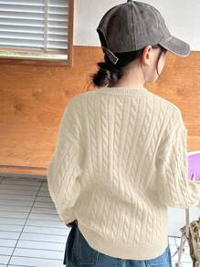 DAZY 青少年女孩纯色圆领毛衣，秋季 - 杏色 - 查看 3