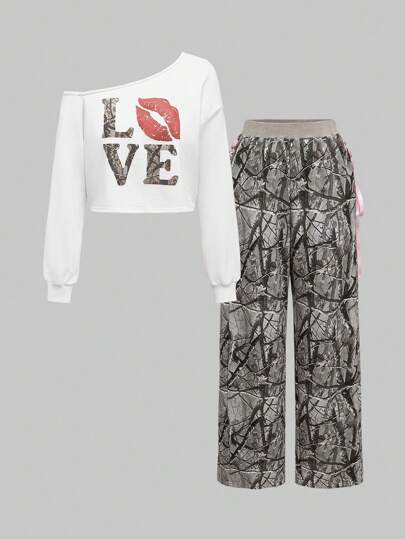 Grunge Punk 2 pièces/Set Femme Y2K Rue Imprimé Feuille T-Shirt Ample à Épaules Dénudées et Ensemble de Pantalon Large Droit à Détail de Lien Contrastant, Printemps/Automne