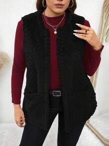 SHEIN LUNE Plus Size Women Casual Fuzzy Texture Double Pocket Front Open Vest, Suitable For Autumn Plus Size Fall Clothes Winter - Black - View 1