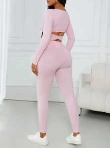 VaVaBold 2pcs Suit Set: Comfortable Casual V-Neck Cross Straps Bowknot Long Sleeve Top & Ruched Waist Leggings, Pink