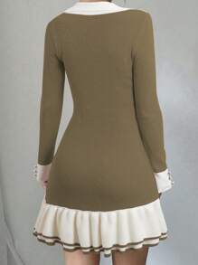 Chiquease Vestido de punto casual con bloqueo de color y volante en el bajo, para otoño/invierno