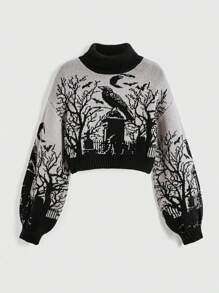ROMWE Goth Gothic Dark High Neck Warm Crow Gravestone Moon Bat Branch Jacquard Black Lantern Sleeve Women Sweater