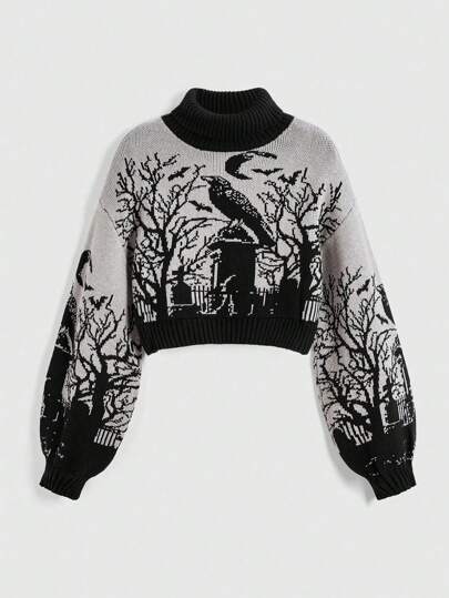 Gothic Dark High Neck Warm Crow Gravestone Moon Bat Branch Jacquard Black Lantern Sleeve Women Sweater