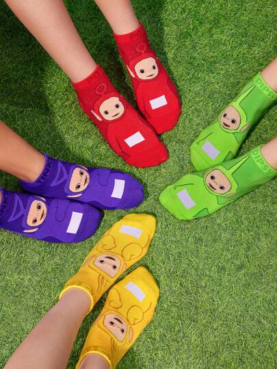 Teletubbies X SHEIN 4 Pairs Ladies Dopamine Themed Cartoon Character Pattern Short Socks