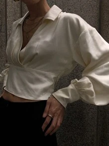 DAZY Women Short Design Turndown Collar Long Sleeve White Shirt, Apricot Color, Spring/Summer/Autumn