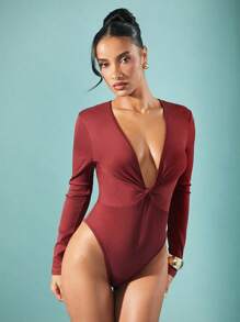 Hauture Winter Dameskleding, Elegante Roest Diepe Duik Twist Lange Mouw Casual Party Bodysuit, Dames Tops, Lange Mouw Top, Uitgaan Tops. Voor Date Night, Concerten, Optredens, Feesten, Clubs, Avond
