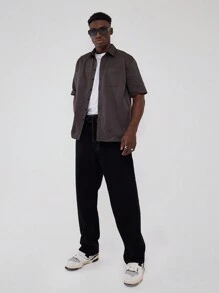 Musero Camisa de manga corta con botones, bolsillo parche sobredimensionado y cuello estándar, para primavera y verano - Marrón - Ver 1