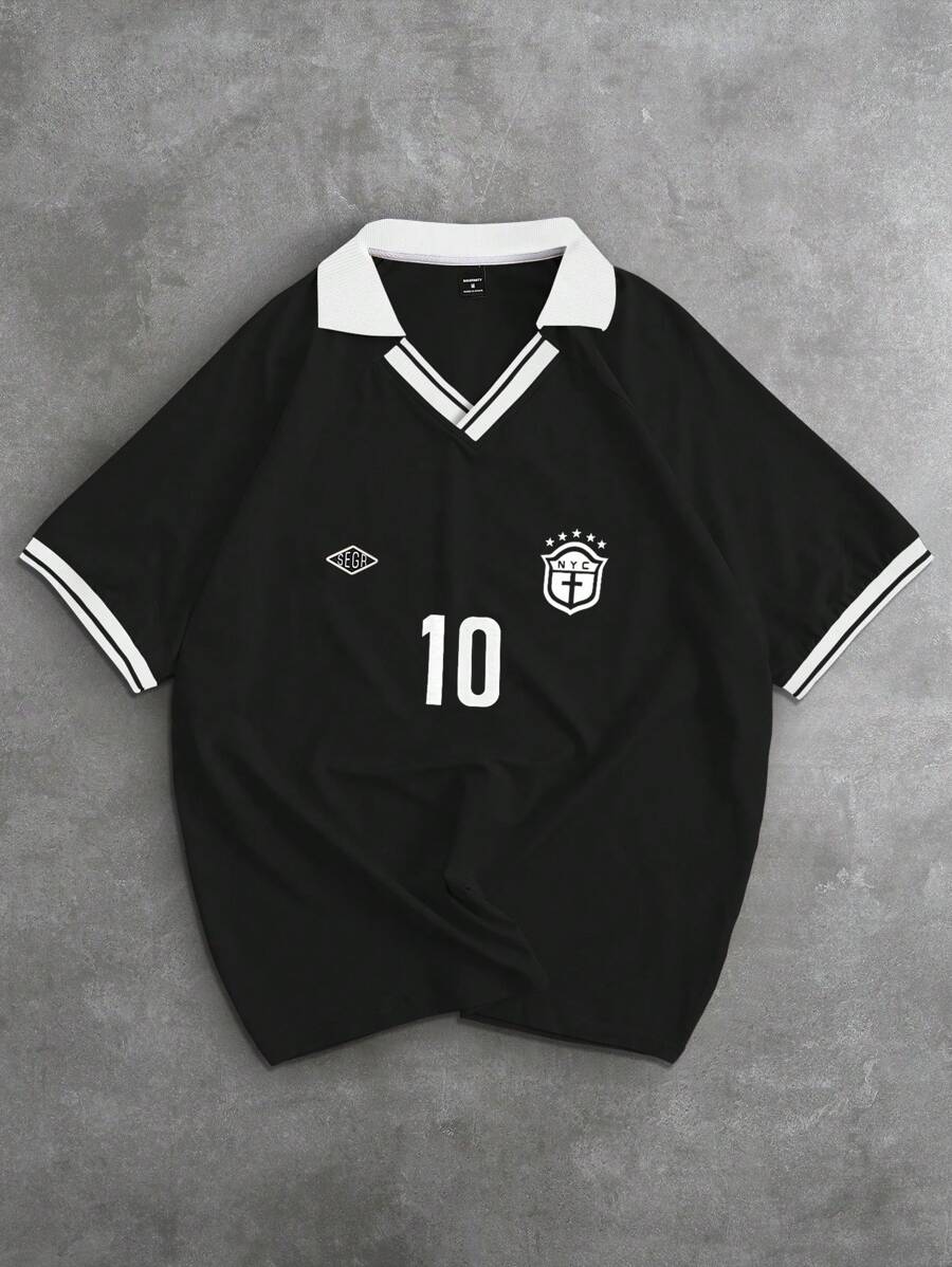 Manfinity Campus Court Aesthetic Post--Men's Solid Color Patchwork Short Sleeve Number Print Polo Shirt - Black - View 1