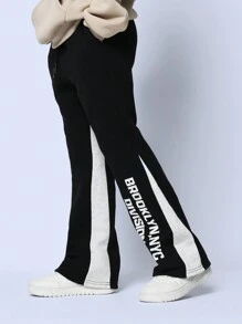 SUMWON Color Block Flared Sweatpants Wide Leg Pants Retro Training Pants Brooklyn Division Split Leg Workout Performance Track Bottoms Comfort Sports - Black - View 2