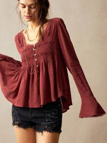 Bohemela Vacation Casual Solid Color Woven Cut-Out V-Neck Long Sleeve Blouse For Women Western Wear Women Festival Boho Hippie