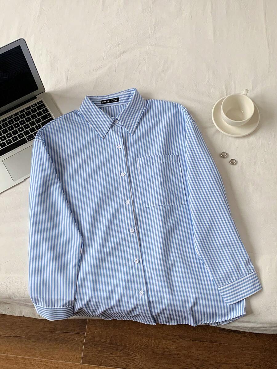 Comfortcana Camisa con estampado de rayas de hombros caídos - Celeste - Ver 1