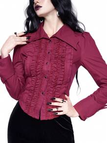 ROMWE Goth 哥特式荷叶边装饰腰部收紧女式衬衫