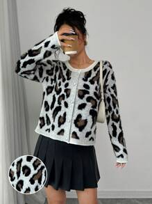 Chiquease Women Leopard Print Round Neck Pearl Button Front Long Sleeve Knit Casual Cardigan