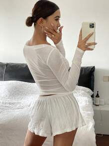 DAZY 宽松 V 领基本款女式 T 恤，简约时尚休闲日常穿着，春夏长袖女式上衣 - 白色 - 查看 2