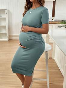 SHEIN Short Sleeve Round Neck Solid Color Slim Fit Maternity Dress World Cup - Green - View 4