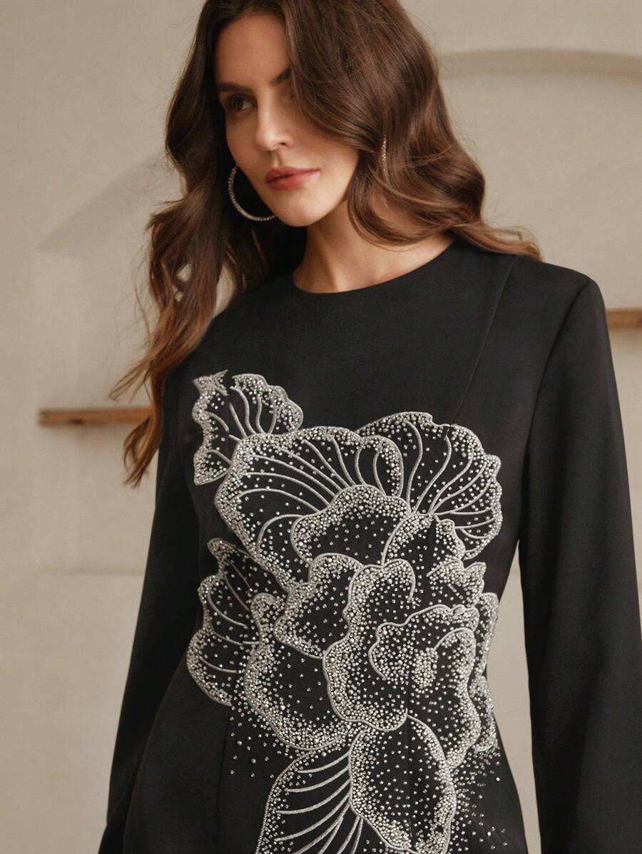 Anewsta Women's Luxury Long Sleeve Beaded Evening Gown - Black - View 1