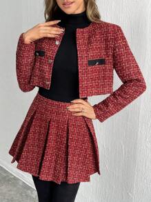SHEIN Privé 女士 2 件套：格子圆领长袖单排扣夹克和褶皱迷你裙，优雅秋冬 - 酒紅色 - 查看 4