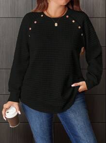 SHEIN LUNE 大码女式休闲格子不对称下摆前纽扣长袖运动衫，冬季 - 黑色 - 查看 9