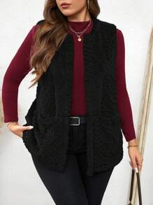 SHEIN LUNE Plus Size Women Casual Fuzzy Texture Double Pocket Front Open Vest, Suitable For Autumn Plus Size Fall Clothes Winter - Black - View 5