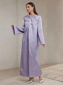 Al Najma Đầm Maxi Tay Loe Jacquard Màu Trơn Thanh Lịch Phong Cách Ả Rập Cho Nữ, Mùa Thu - Màu tím - Xem 6