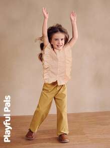 SHEIN 2pcs Young Girls Sets: Cute/Vintage Ruffled Blouse And Retro Straight-Leg Cargo Pants Outfits, Suitable For School And Outdoor Activities In Summer - Yellow - View 7