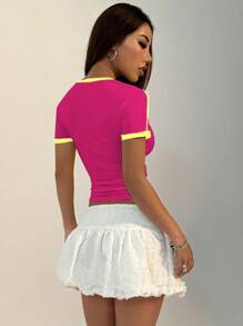 StreetHx Blusa casual de mujer con cuello redondo, manga corta, estampado numérico y parches de unicolor - Multicolor - Ver 2