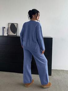 POPSWAY 柔软蓬松修身百搭休闲阔腿裤长袖针织套装 - 藍色 - 查看 2
