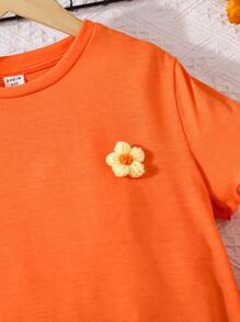 Tween Girls 2 Pieces Set: Solid Color Round Neck Floral Applique T-Shirt And Fitted Flare Knit Pants - Orange - View 7