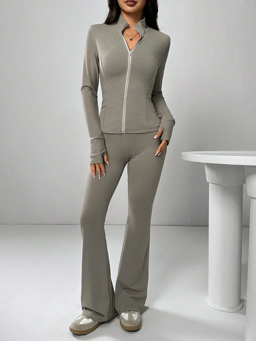 SHEIN EZwear 2 件套女士纯色前拉链长袖上衣和长裤 - 卡其色 - 查看 1