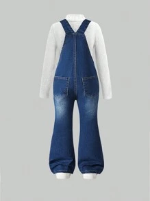 SHEIN 年轻女孩破洞牛仔背带裤，舒适柔软棉质破洞休闲时尚工装裤，春秋季 - 深色水洗藍 - 查看 2