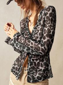 Bohemela Knit Mesh Leopard Print Beach Cover Up Top For Women