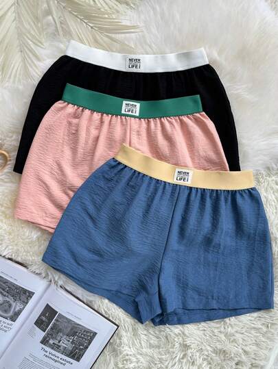 3pcs/Pack Plus Size Elastic Waist Woven Sleepwear Bottoms Sleep Shorts