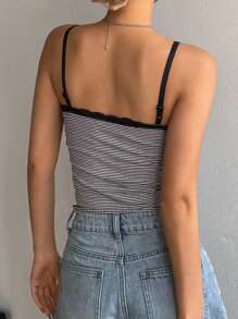 DAZY 女士蕾丝拼布条纹修身吊带背心 - 黑與白 - 查看 5