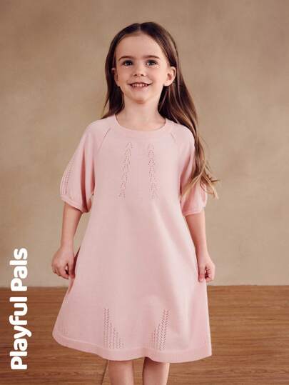 SHEIN 1pc Young Girls Puff Sleeve Floral Jacquard Sweater Dress, Cute/Retro/Playful, Basic Casual Wear For Any Occasion, Spring/Summer Outfit