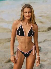 Women Swimwear Set With Bow And Ruffle Decor Summer - Black - View 5