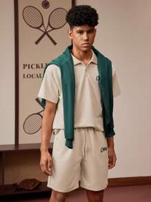 SHEIN Explorewe 2pcs/Set Teen Boy College Casual Style Short Sleeve Polo Shirt With Elegant Pattern & Drawstring Waist Shorts Set, Spring/Summer New Prep - Khaki - View 4