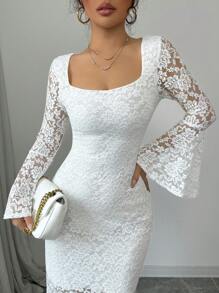 Rafferiza Women Long Lace Bell Sleeve Dress Fall Cloth For Women - White - View 3