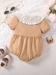 SHEIN Baby Girls' Retro Elegant Ruffled Collar Embroidery Bowknot Bodysuit, Spring/Summer - Khaki - View 2