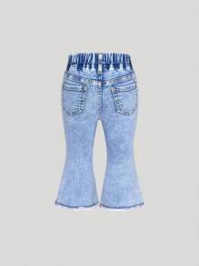 SHEIN Baby Girl Casual Fashion Cute Colorful Floral Print Washed Denim Flared Pants - Light Wash - View 2